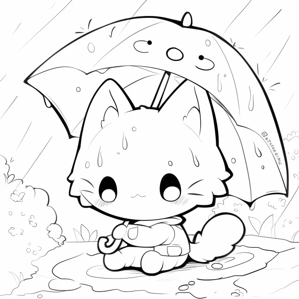 Cute cartoon cat holding a smiling umbrella, sitting in a puddle in the rain with grass around — free printable rainy days coloring book page