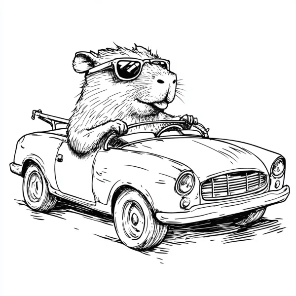 Capybara wearing sunglasses driving a convertible car, cartoon hand-drawn style — free printable fun life coloring book page