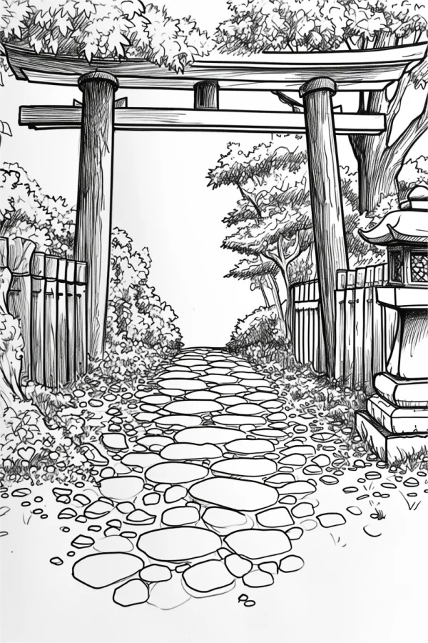 Japanese torii gate and stone path in a traditional japanese garden, japanese style — free printable gardens coloring book page