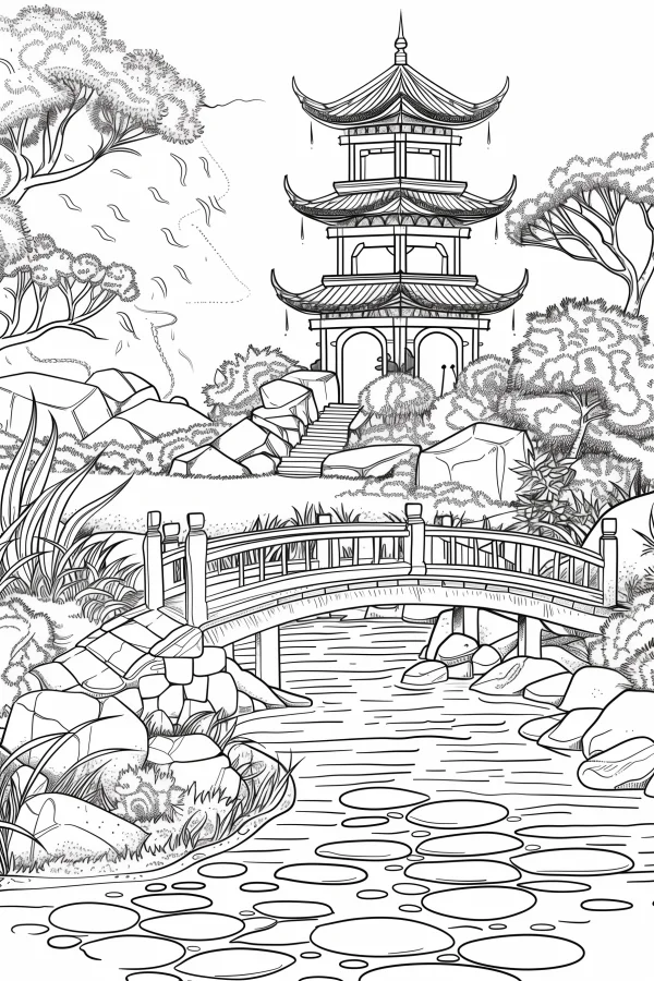 Chinese pavilion garden landscape, chinese style — free printable gardens coloring book page