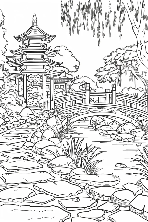 Chinese pagoda garden waterscape, chinese style line art — free printable gardens coloring book page