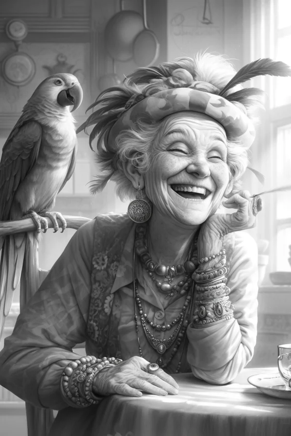 Grayscale  laughing elderly woman with a parrot perched on chair arm, realistic sketch style — free printable senior life coloring book page
