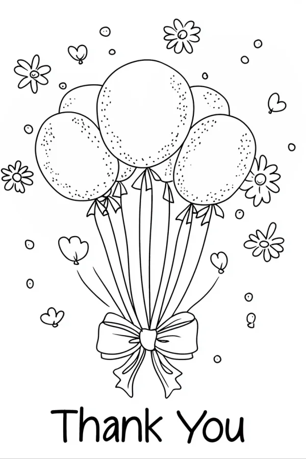 Bouquet of balloons tied with a large bow, cartoon style — free printable gratitude coloring book page