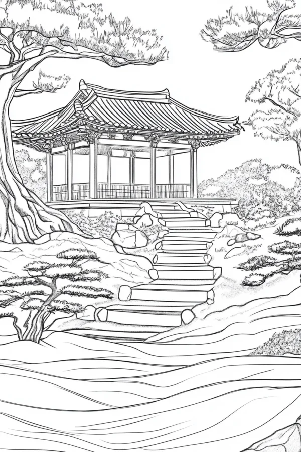 Chinese garden pavilion, chinese style — free printable gardens coloring book page