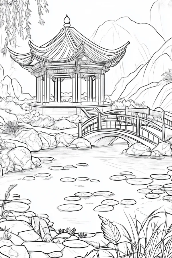 Chinese-style pavilion in garden water scene, chinese style — free printable gardens coloring book page