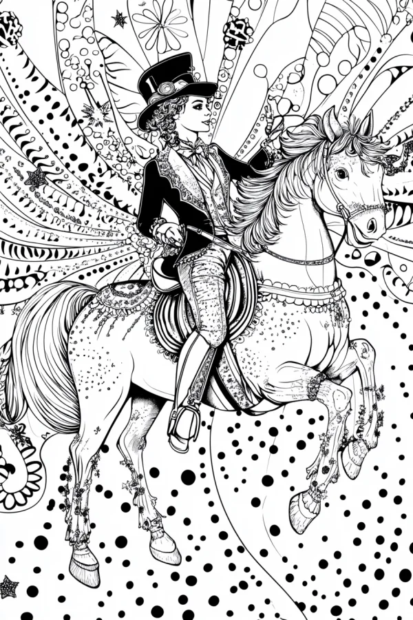 Vintage performer riding a horse, retro art deco style — free printable circus coloring book page