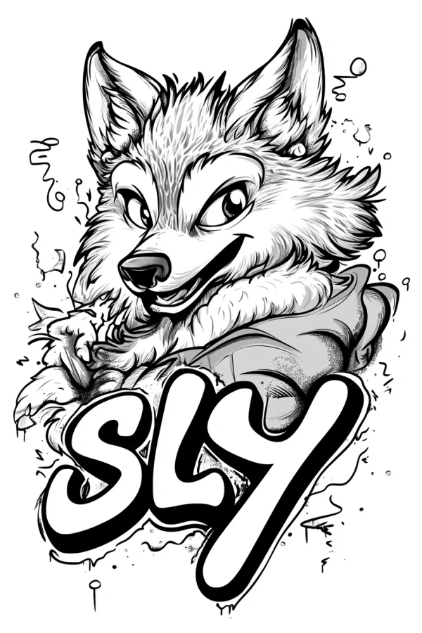 Anthropomorphic sly wolf with playful expression, cartoon graffiti style — free printable graffiti art coloring book page