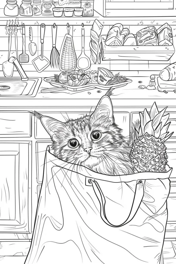 Cute cat with pineapple in a tote bag, kitchen scene background with utensils and condiments — free printable kitchen coloring book page