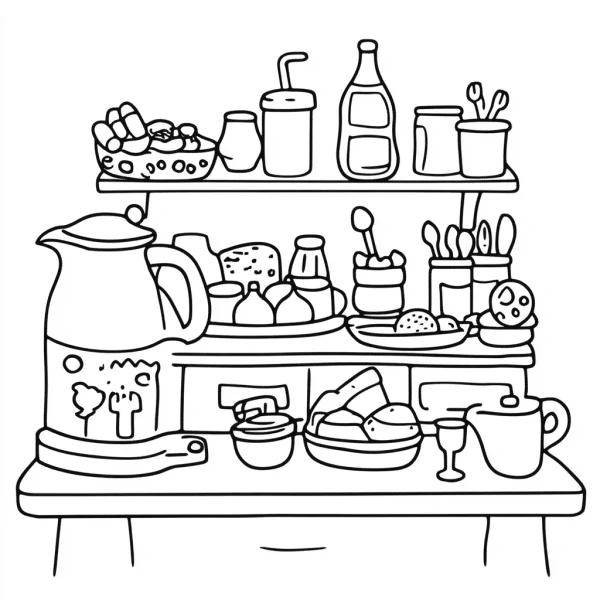 Kitchen counter with various tableware and food items, cartoon style — free printable kitchen coloring book page