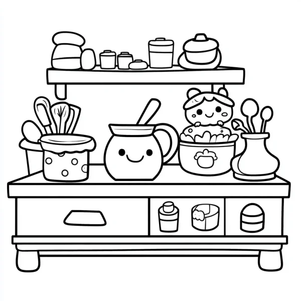 Cute anthropomorphic kitchen counter set, cartoon style — free printable kitchen coloring book page