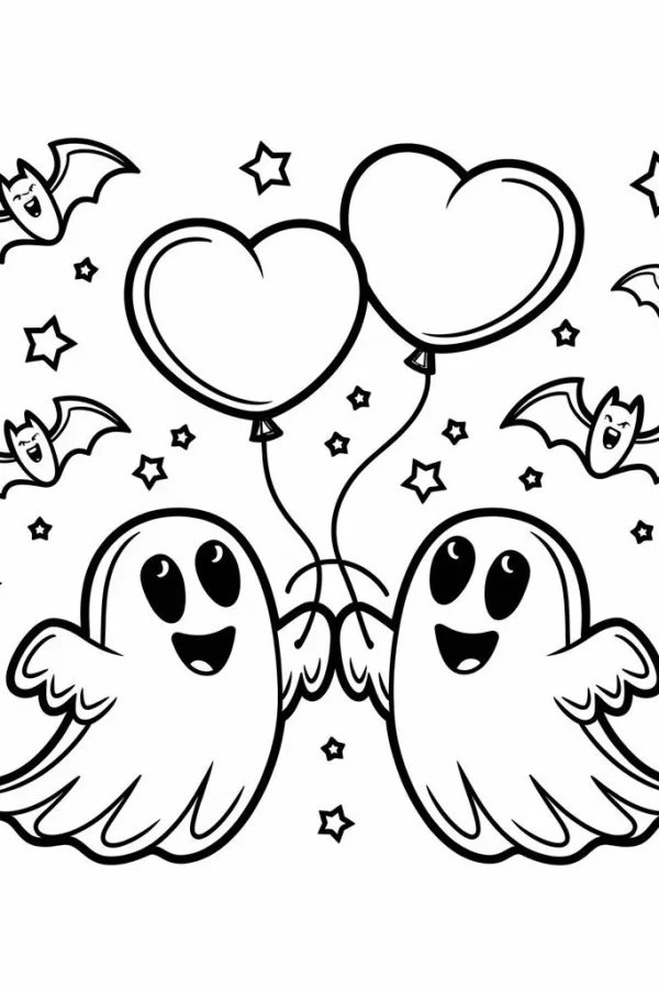 Cute ghosts holding heart-shaped balloons, cartoon style — free printable coloring page