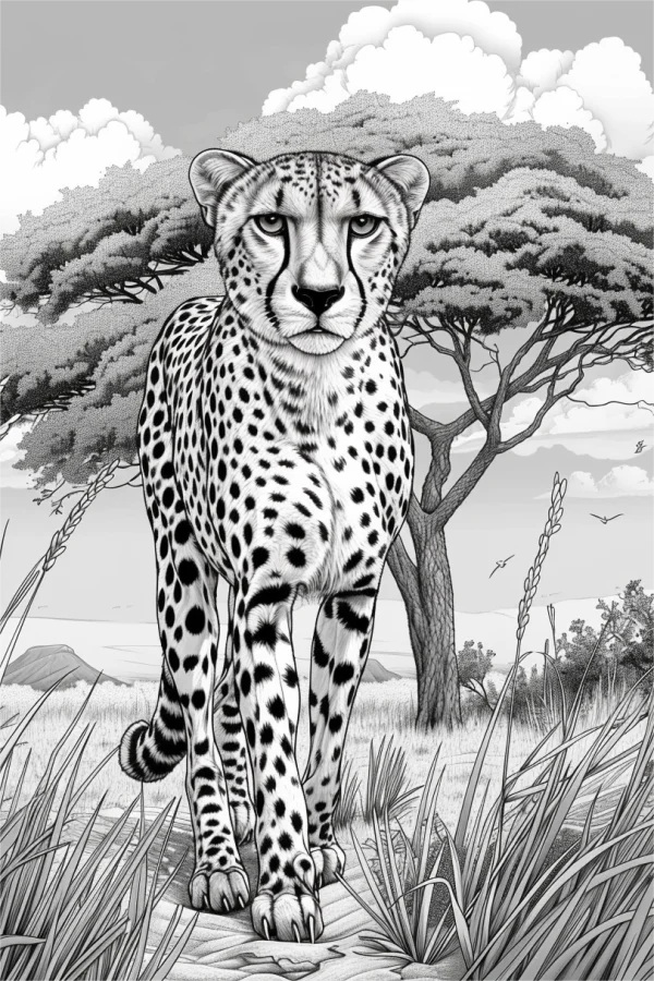 Coloring book page, savanna cheetah walking on path — free printable grassland coloring book page