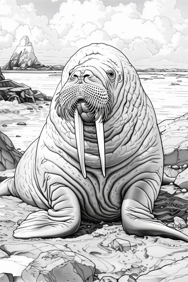 Walrus on coastal rocks, realistic sketch style — free printable polar coloring book page