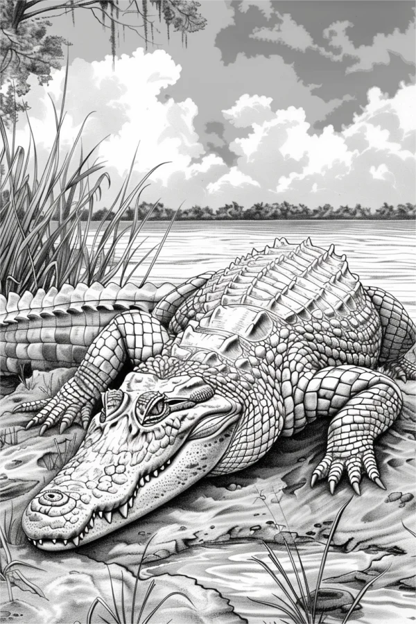 Alligator on swamp shore, realistic sketch style — free printable wetland coloring book page