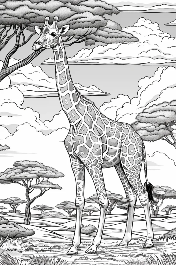 Savanna giraffe, realistic line art style — free printable grassland coloring book page