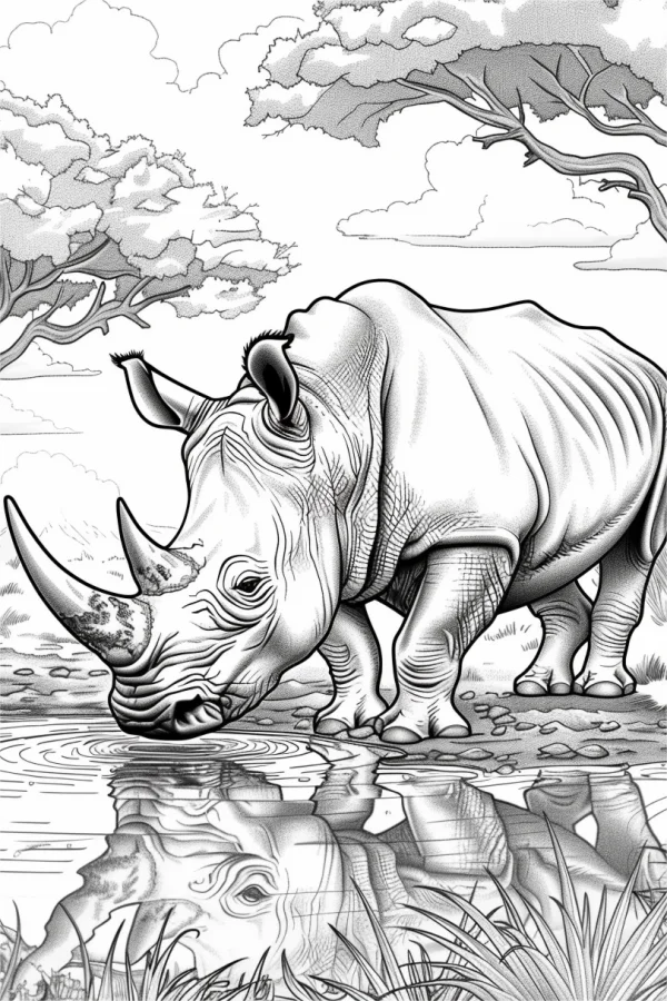 Rhinoceros drinking water with reflection on the water surface, realistic style — free printable grassland coloring book page