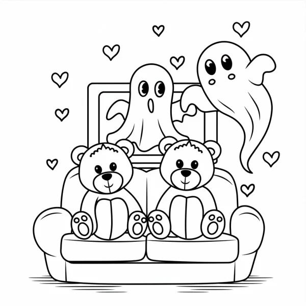 Cute teddy bears and ghosts on sofa, cartoon style — free printable warmth coloring book page