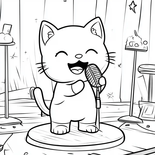 Singing cartoon cat, cartoon style — free printable performance coloring book page