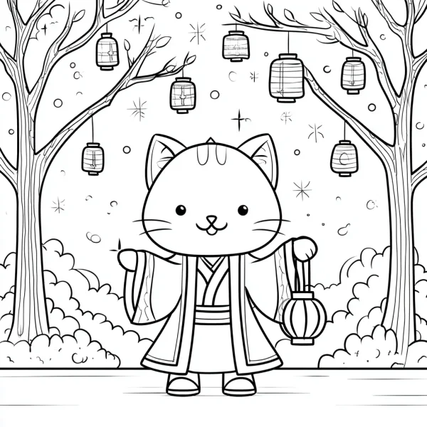 Cartoon cat wearing chinese hanfu holding a lantern, chinese style — free printable lantern festival coloring book page