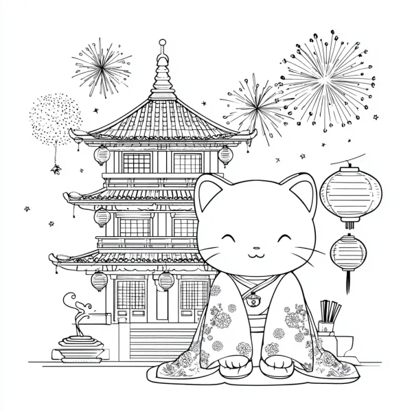Cute cartoon cat in traditional chinese clothing, chinese style — free printable spring festival coloring book page