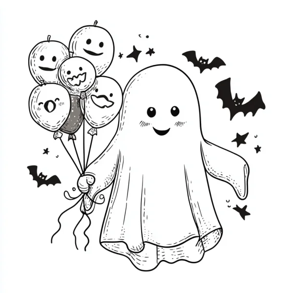 Cute ghost holding expressive face balloons, cartoon style — free printable coloring page