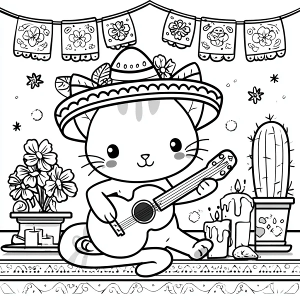 Cute cartoon cat wearing sombrero playing acoustic guitar, mexican folk theme — free printable festivals coloring book page