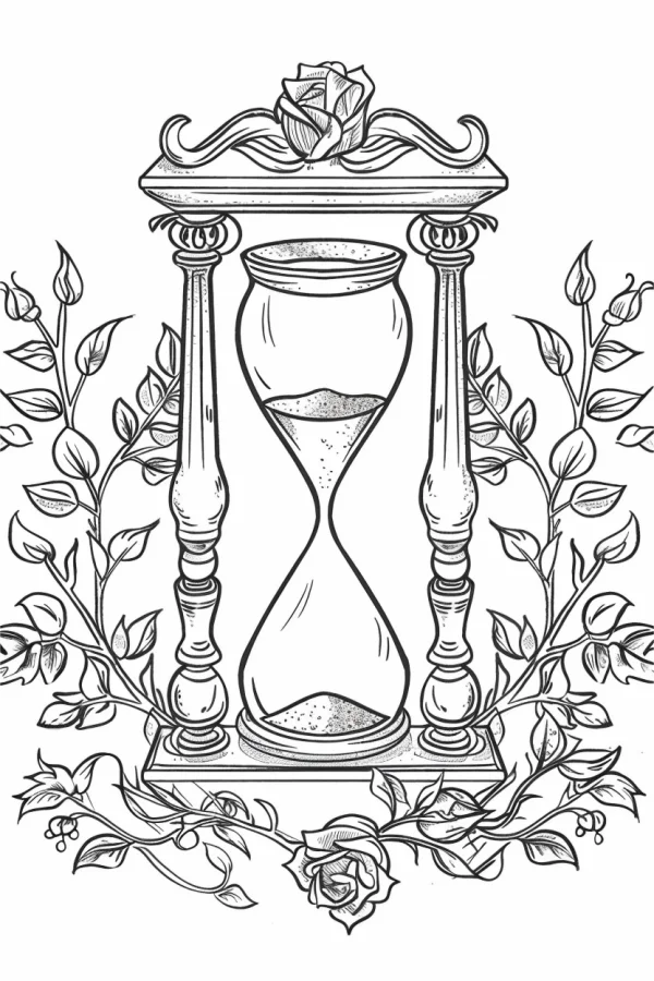 Vintage hourglass with rose vines and leaves, retro style — free printable time coloring book page