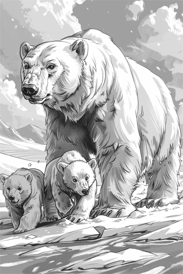 Adult polar bear with two cute cubs, realistic sketch style — free printable polar coloring book page