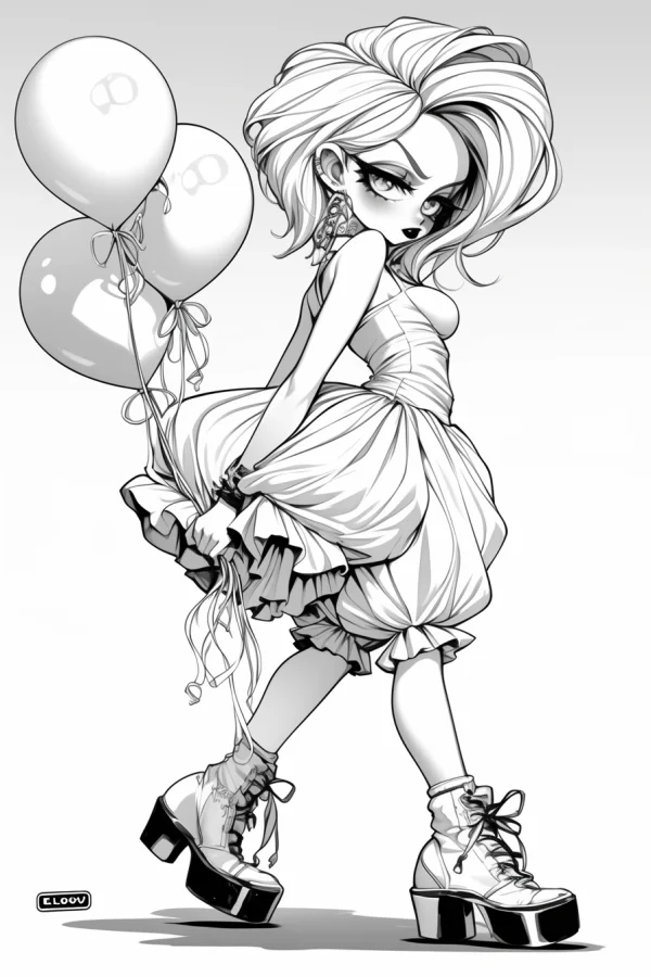 Cartoon chibi girl holding balloons, wearing a ruffled camisole dress and platform lace-up boots — free printable cartoon characters coloring book page