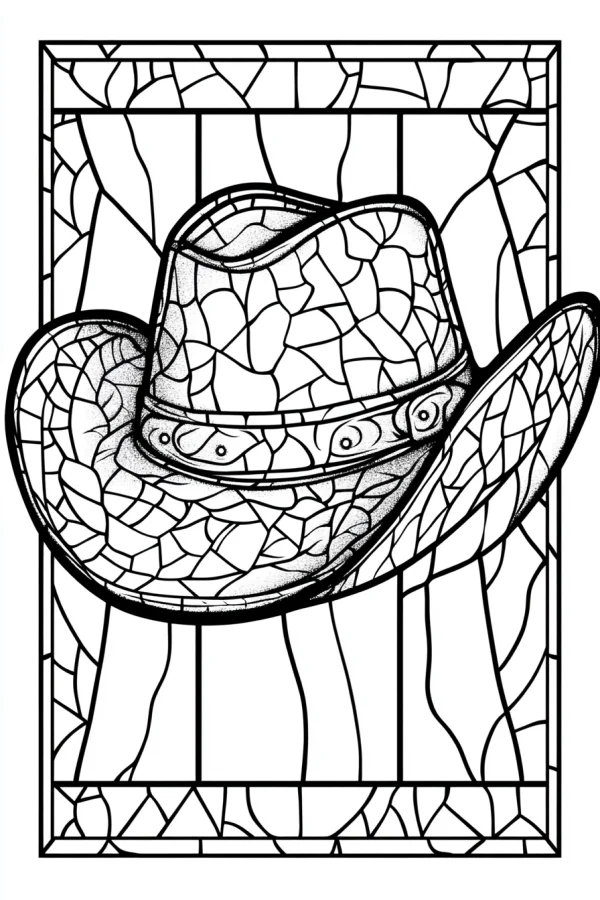 Coloring book page, stained glass style cowboy hat with leather band and rivets — free printable western style coloring book page