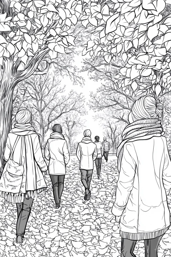 Coloring book page, back view of a group of people hiking in autumn forest — free printable hiking coloring book page