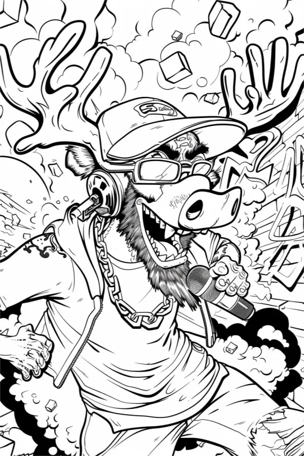 Hip-hop style anthropomorphic deer wearing baseball cap and headphones, holding microphone — free printable hip hop coloring book page