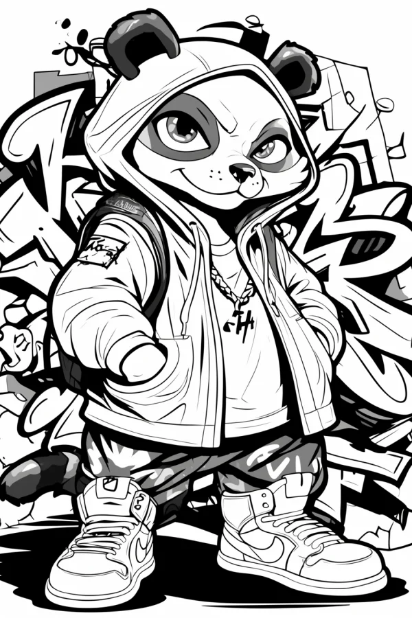 Street-style panda in hoodie with backpack, necklace and high-top sneakers — free printable street fashion coloring book page