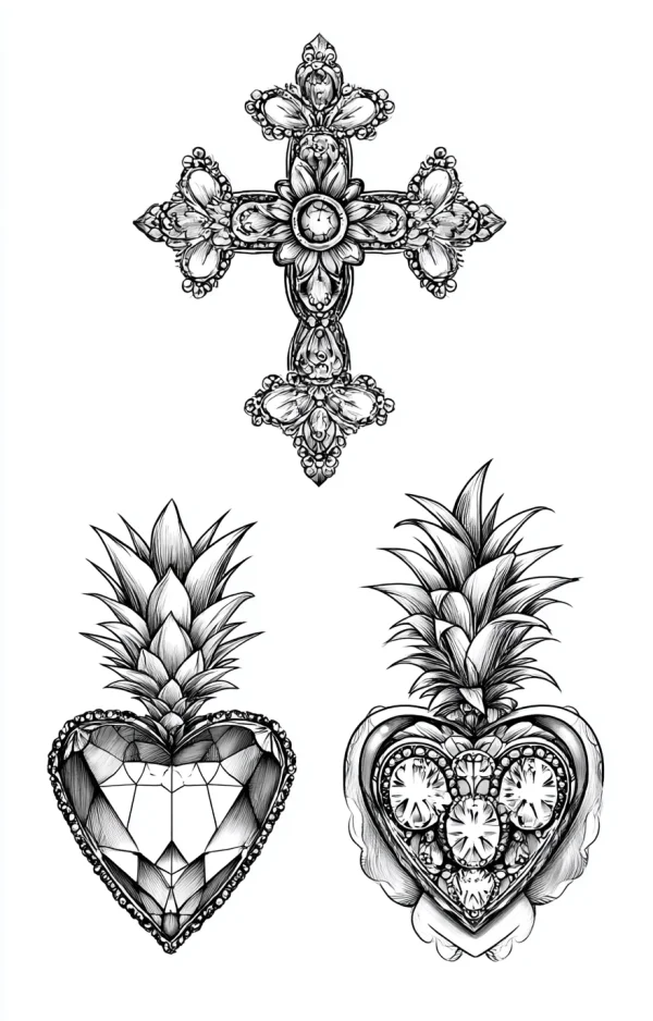 Ornate decorative cross, gemstone heart with pineapple top — free printable jewelry coloring book page