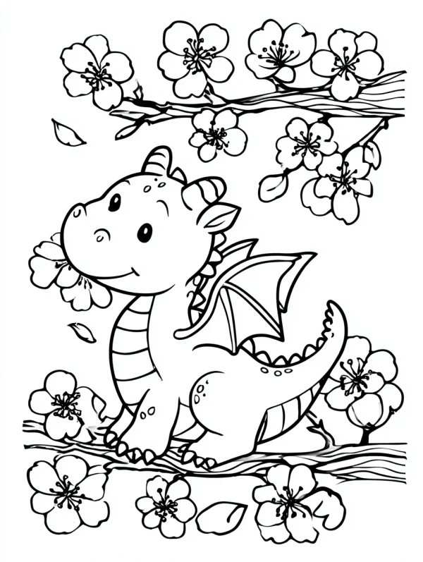 Cute cartoon baby dragon sitting on plum blossom branches, cartoon style — free printable spring festival coloring book page