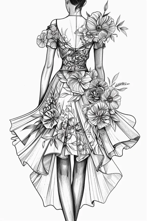 Back view of woman wearing floral dress with high-low hemline, sketch illustration style — free printable female coloring book page
