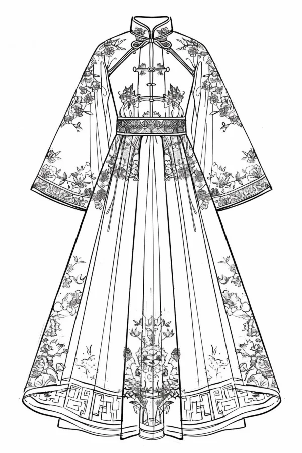 Chinese style stand-collar dress with floral embroidery, traditional chinese patterns including fretwork and vines — free printable clothing coloring book page