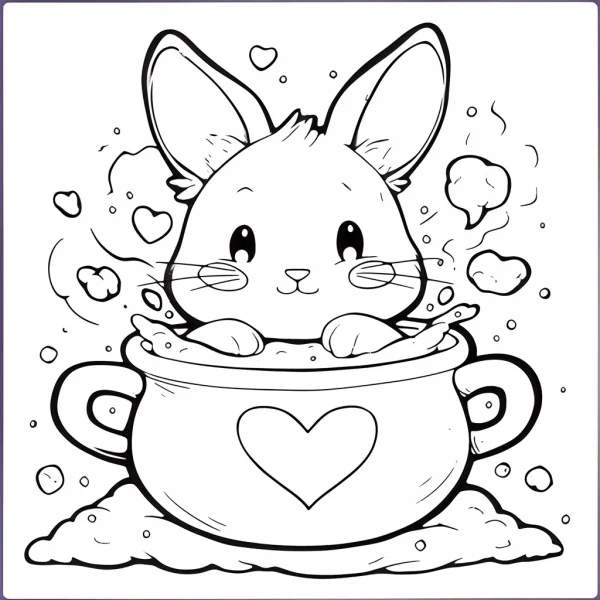 Cute rabbit in a heart-patterned two-handled mug, cartoon style — free printable cute style coloring book page