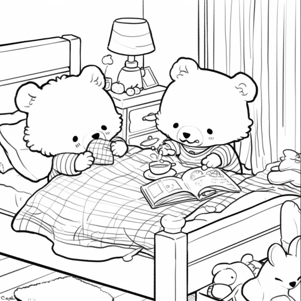 Two cartoon teddy bears on bed, cozy bedroom scene with bed — free printable daily leisure coloring book page