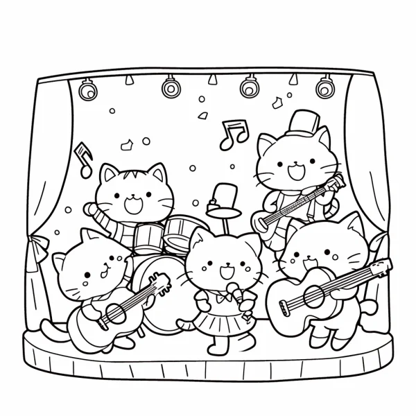 Cute cat band performing on stage, cartoon style — free printable performance coloring book page