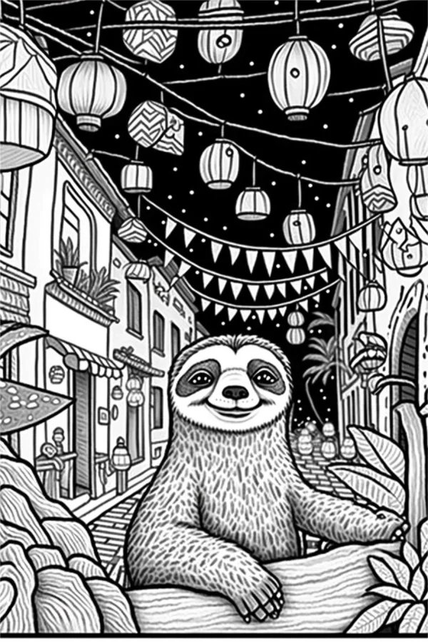 Smiling sloth, cartoon illustration style — free printable other coloring book page