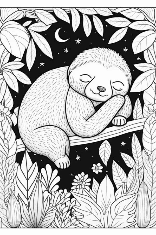 Sleeping sloth on a tree branch, cartoon style — free printable night coloring book page