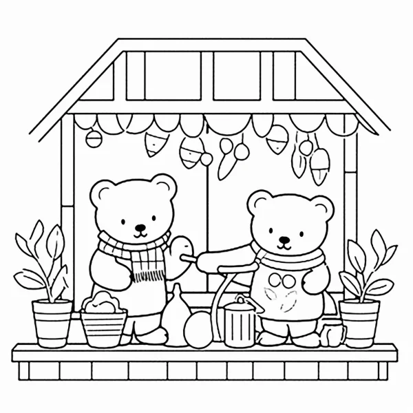 Two cartoon teddy bears doing gardening, cartoon style — free printable cozy daily life coloring book page