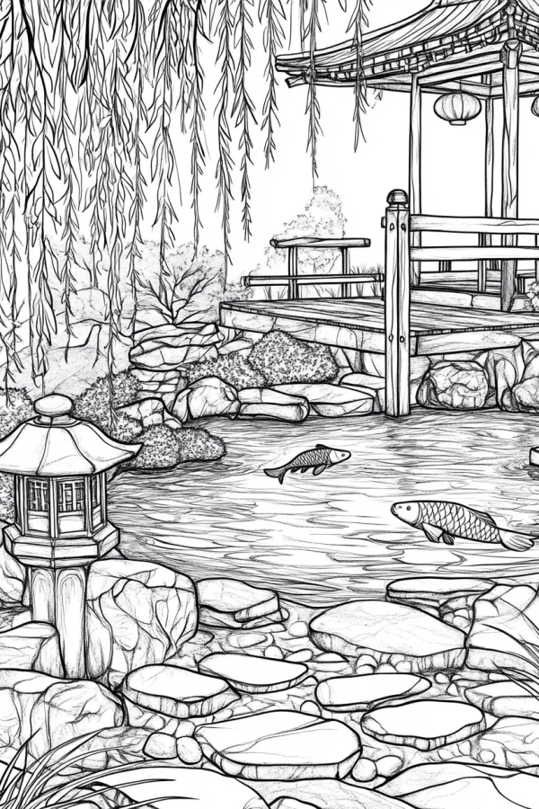 Japanese garden pond landscape, japanese style — free printable gardens coloring book page