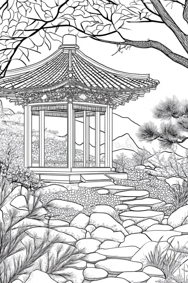 Coloring book page, chinese style garden pavilion — free printable gardens coloring book page