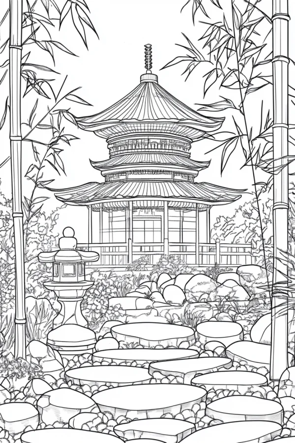 Chinese-style three-story pavilion in bamboo forest, traditional garden scene with stone lantern — free printable gardens coloring book page