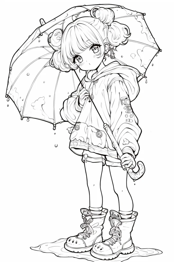 Cartoon girl with double bun hair holding umbrella, cartoon style — free printable rainy days coloring book page