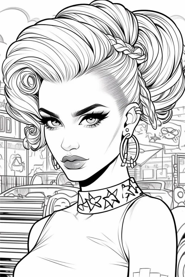 Retro fashion street girl with curly updo and braid, vintage cartoon style — free printable street coloring book page