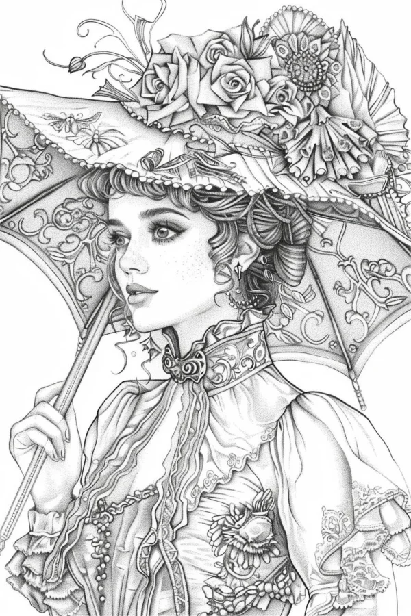 Victorian style woman holding an ornate parasol, vintage aesthetic — free printable victorian coloring book page