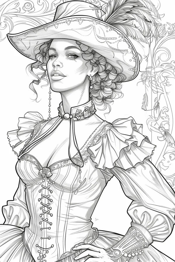 Vintage victorian-style court woman in corset with ruffled sleeves, wearing wide-brimmed feather hat — free printable victorian coloring book page